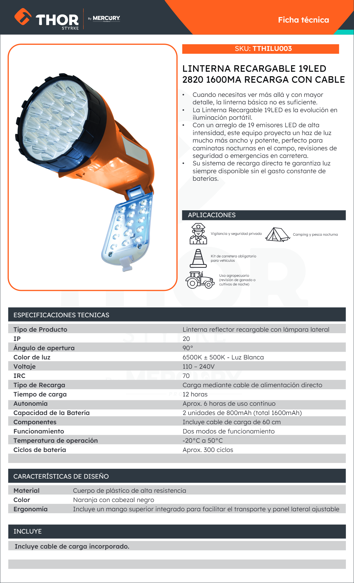 LINTERNA RECARGABLE AZUL 19LED 2820 1600MA RECARGA CON CABLE ILE06