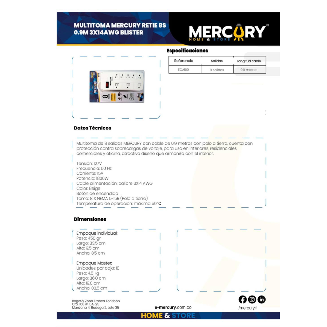MULTITOMAS MERCURY CON SUPRESOR DE PICOS CABLE DE 1 METRO