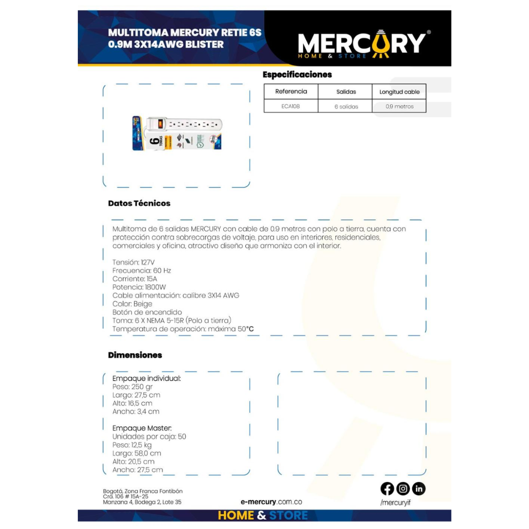 MULTITOMAS MERCURY CON SUPRESOR DE PICOS CABLE DE 1 METRO